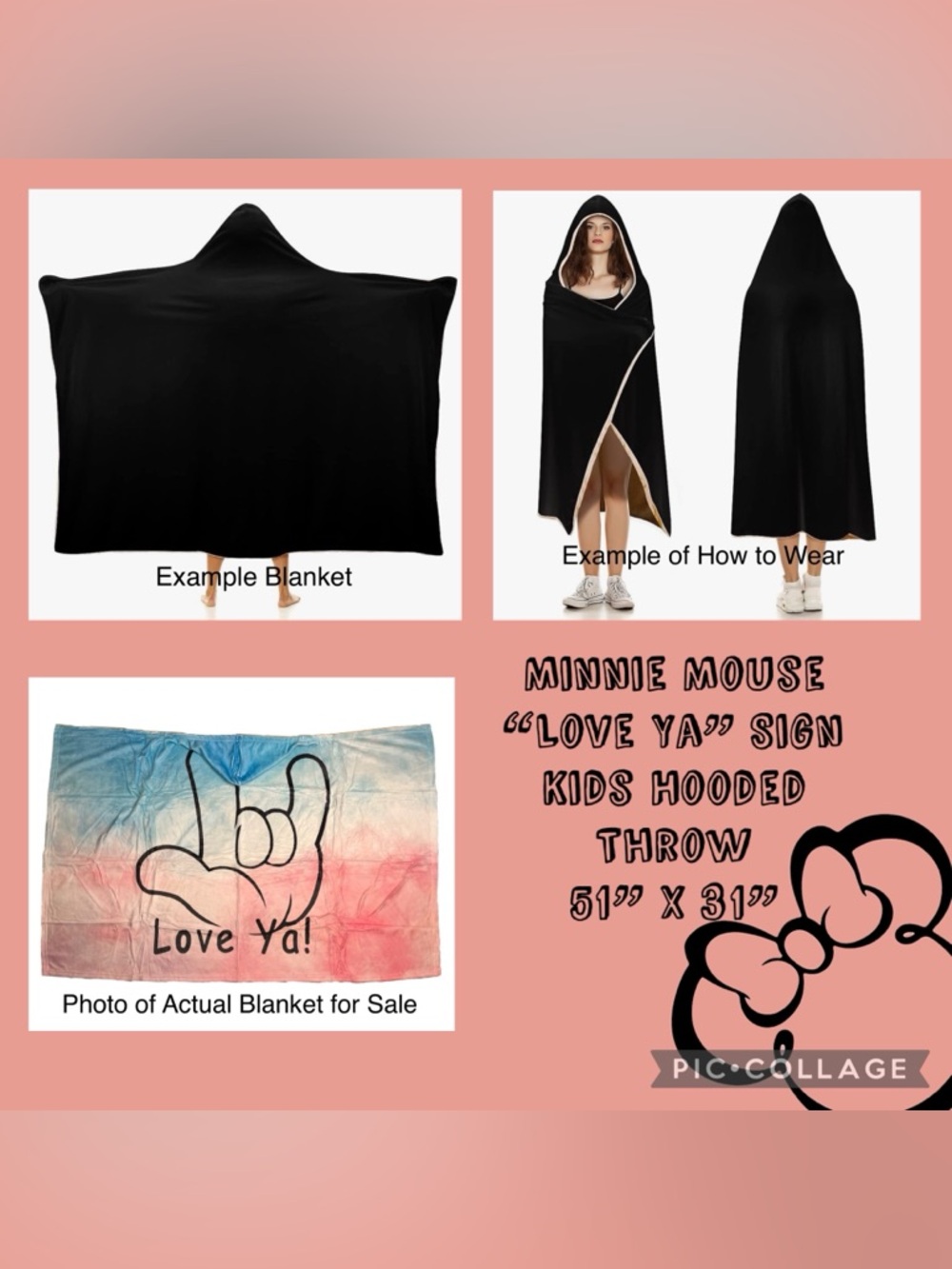 Minnie Mouse Hand ASL I Love You Sign Kids Hooded Fleece Throw Blanket 51”x31”